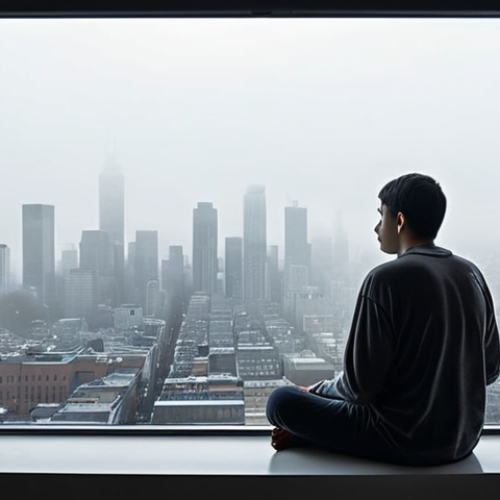 A person sitting thoughtfully by a window, looking out at a cityscape shrouded in fog. The soft light emphasizes introspection and the questioning of one's inner values. The scene evokes a sense of calm and the beginning of a journey of self-discovery.
