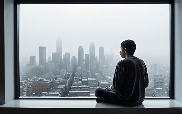A person sitting thoughtfully by a window, looking out at a cityscape shrouded in fog. The soft light emphasizes introspection and the questioning of one's inner values. The scene evokes a sense of calm and the beginning of a journey of self-discovery.
